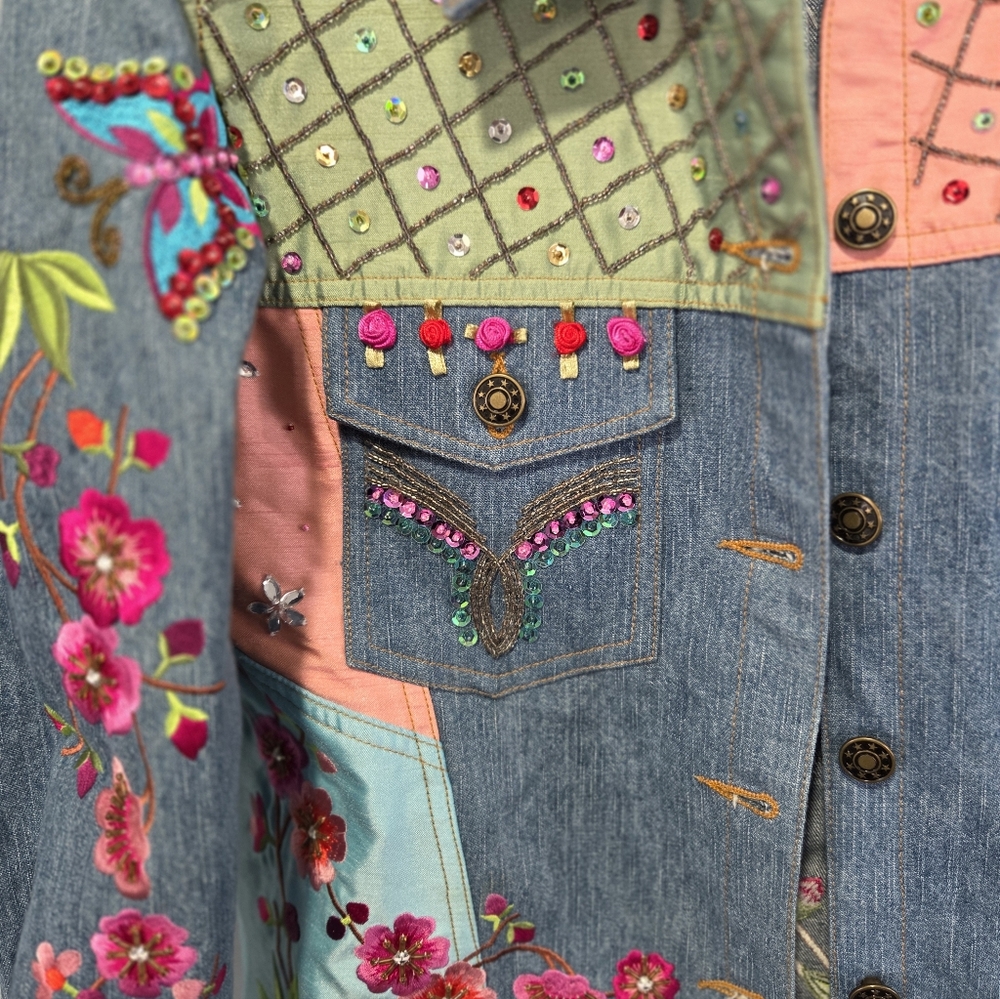 Funky Jean Jacket Berek Takako Sakon Medium Embroidered Butterfly Flowers - Picture 3 of 10